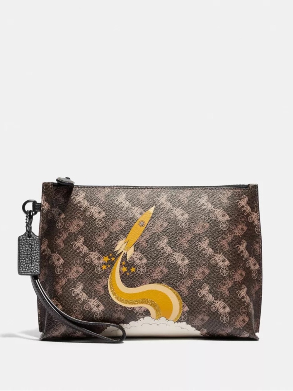 Coach Brown Signature Charlie Rocket Pouch With Horse And Carriage Print